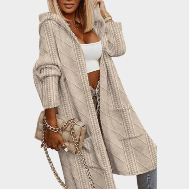 Long Hooded Cable Knitted Cardigan