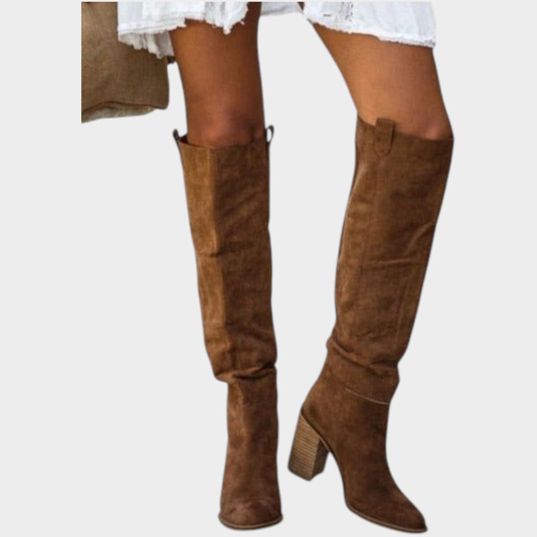 Suede Knee High Block Heel Boots