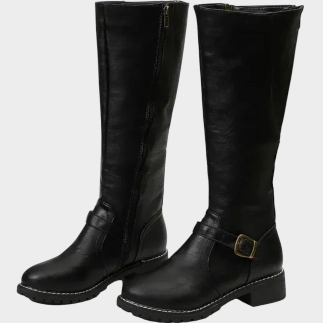 Knee High Leather Riding Boots with Buckle Detail