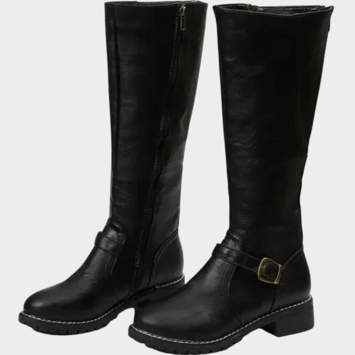 Knee High Leather Riding Boots with Buckle Detail