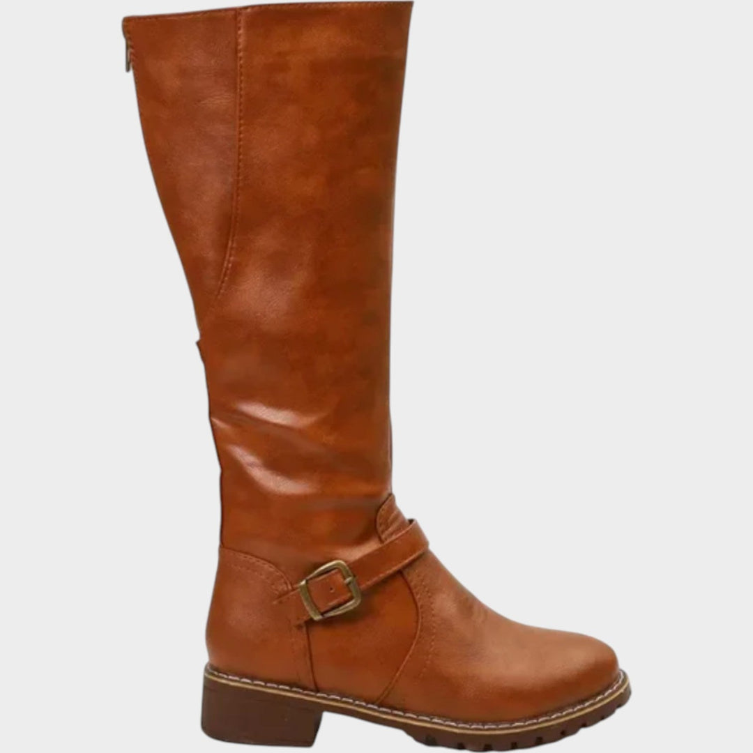 Knee High Leather Riding Boots with Buckle Detail