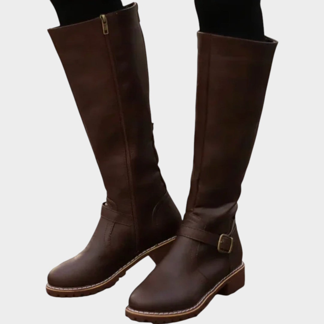 Knee High Leather Riding Boots with Buckle Detail