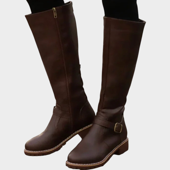 Knee High Leather Riding Boots with Buckle Detail