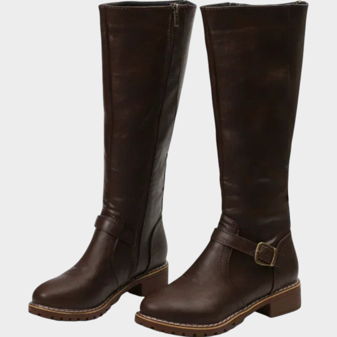 Knee High Leather Riding Boots with Buckle Detail