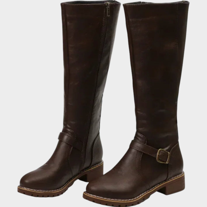 Knee High Leather Riding Boots with Buckle Detail