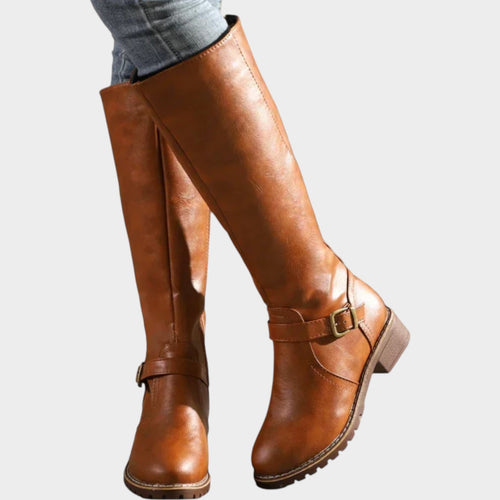 Knee High Leather Riding Boots with Buckle Detail