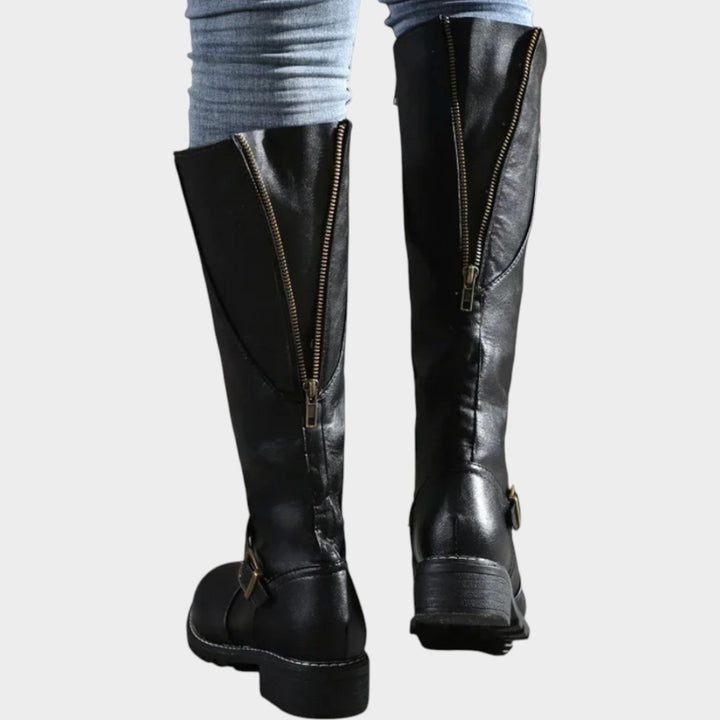 Knee High Leather Riding Boots with Buckle Detail