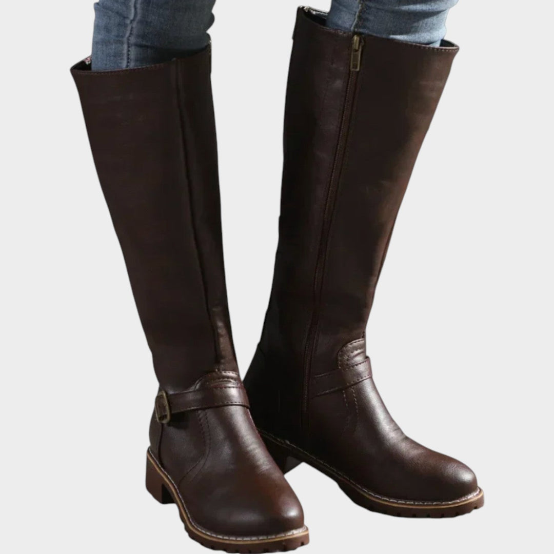 Knee High Leather Riding Boots with Buckle Detail