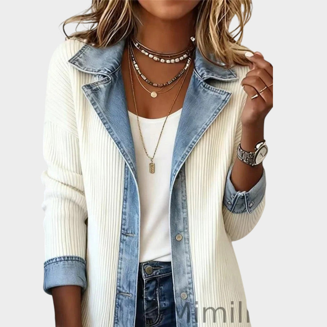 Ribbed Denim Trim Knitted Cardigan