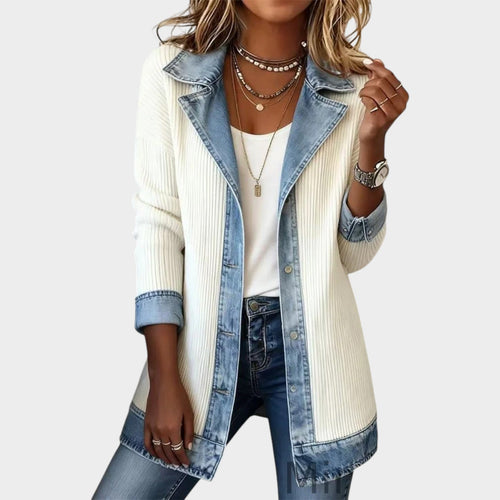 Ribbed Denim Trim Knitted Cardigan