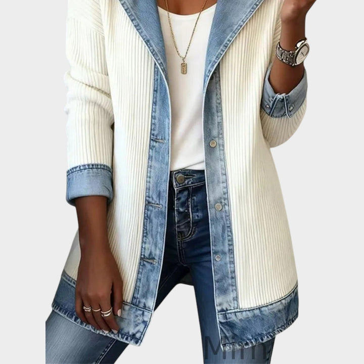 Ribbed Denim Trim Knitted Cardigan