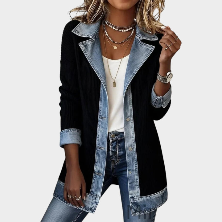 Ribbed Denim Trim Knitted Cardigan