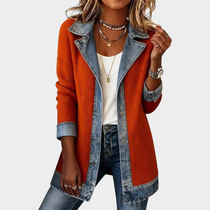 Ribbed Denim Trim Knitted Cardigan