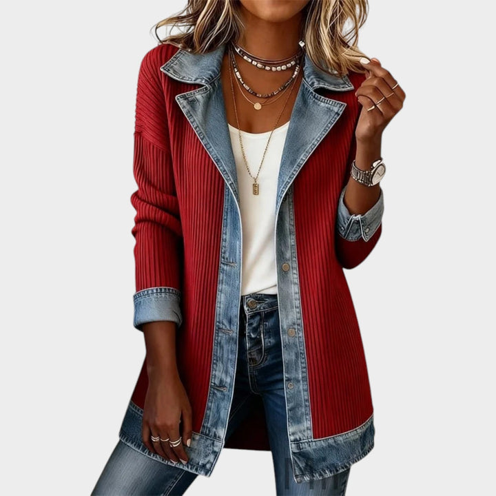 Ribbed Denim Trim Knitted Cardigan