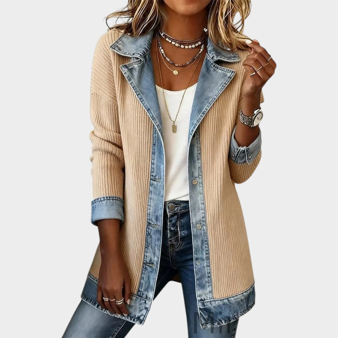 Ribbed Denim Trim Knitted Cardigan