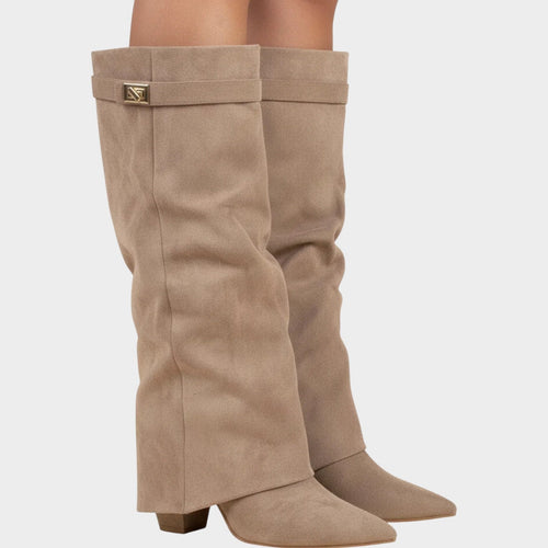Knee High Slouch Suede Pointed Toe Block Heel Boots