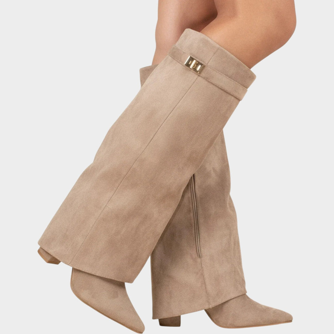 Knee High Slouch Suede Pointed Toe Block Heel Boots