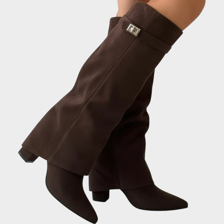 Knee High Slouch Suede Pointed Toe Block Heel Boots