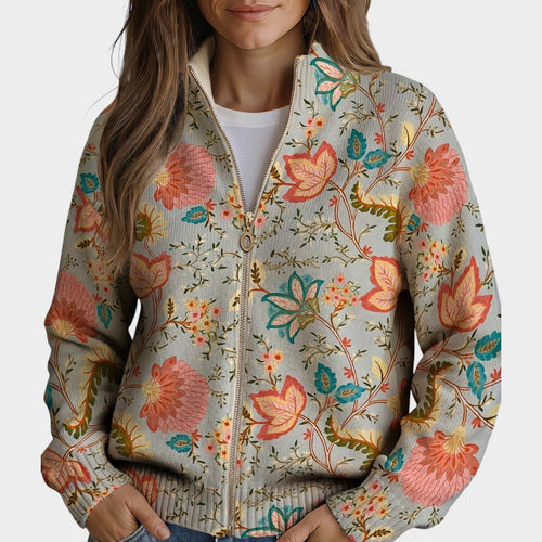 Women’s Knit Cardigan Vintage Floral Print Zip Front