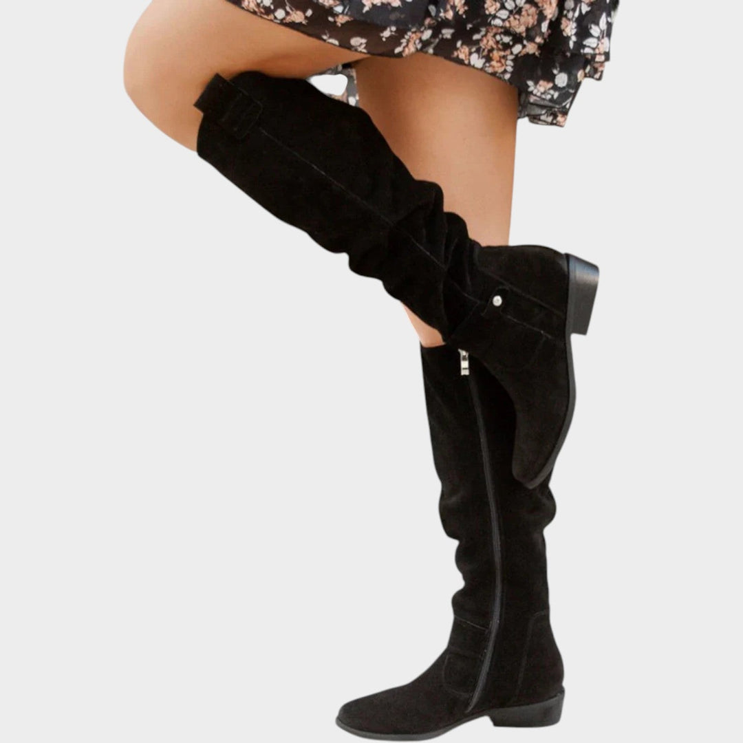 Knee High Suede Slouch Low Heel Boots